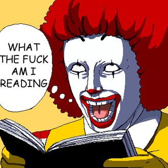 A manga clown looking at a book and saying "What the fuck am I reading?"