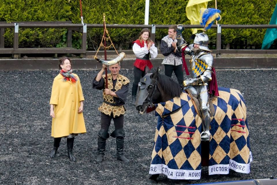 2014 Queen's Champion Mark Caple on the jousting horse Aramis, Mark Atkinson holds the Queen's Jubilee Horn Trophy (photo from Royal Armouries Tournaments)