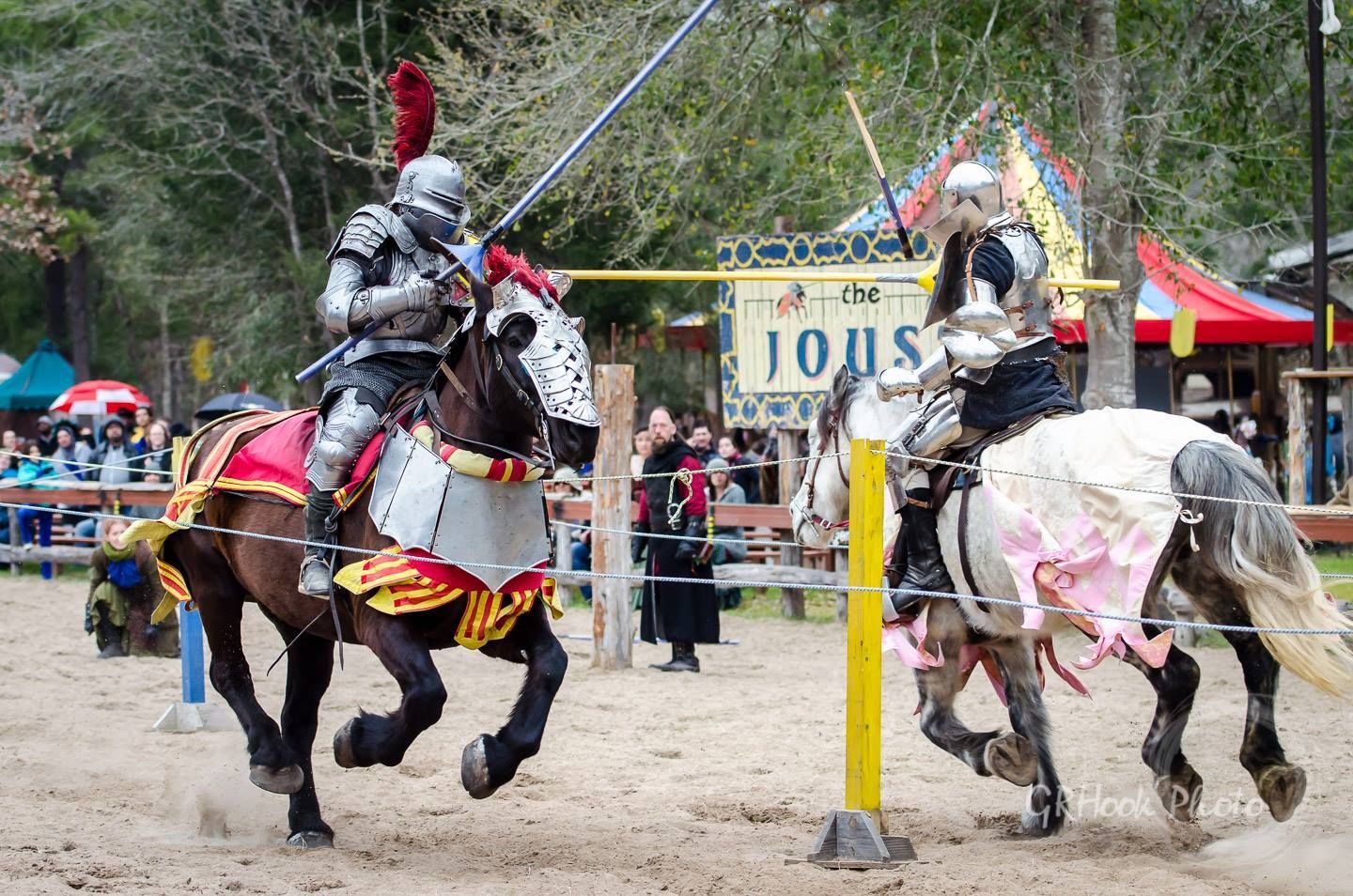 David Schade jousts Eddie Rigney during the mid-faire jousting tournament at  Sherwood Forest Faire 2015 (photo by GRHook Photo)