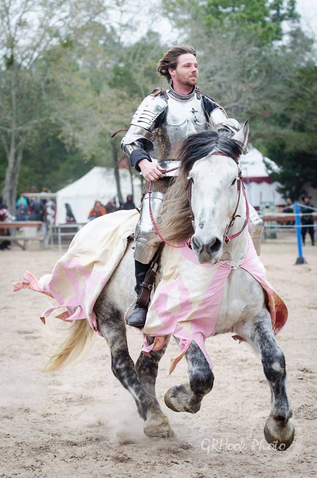 Robbie Hubbard on the Percheron gelding jousting horse Arthur r(Arthur is wearing Eddie Rigney's caparison) (photo by GRHook Photo)