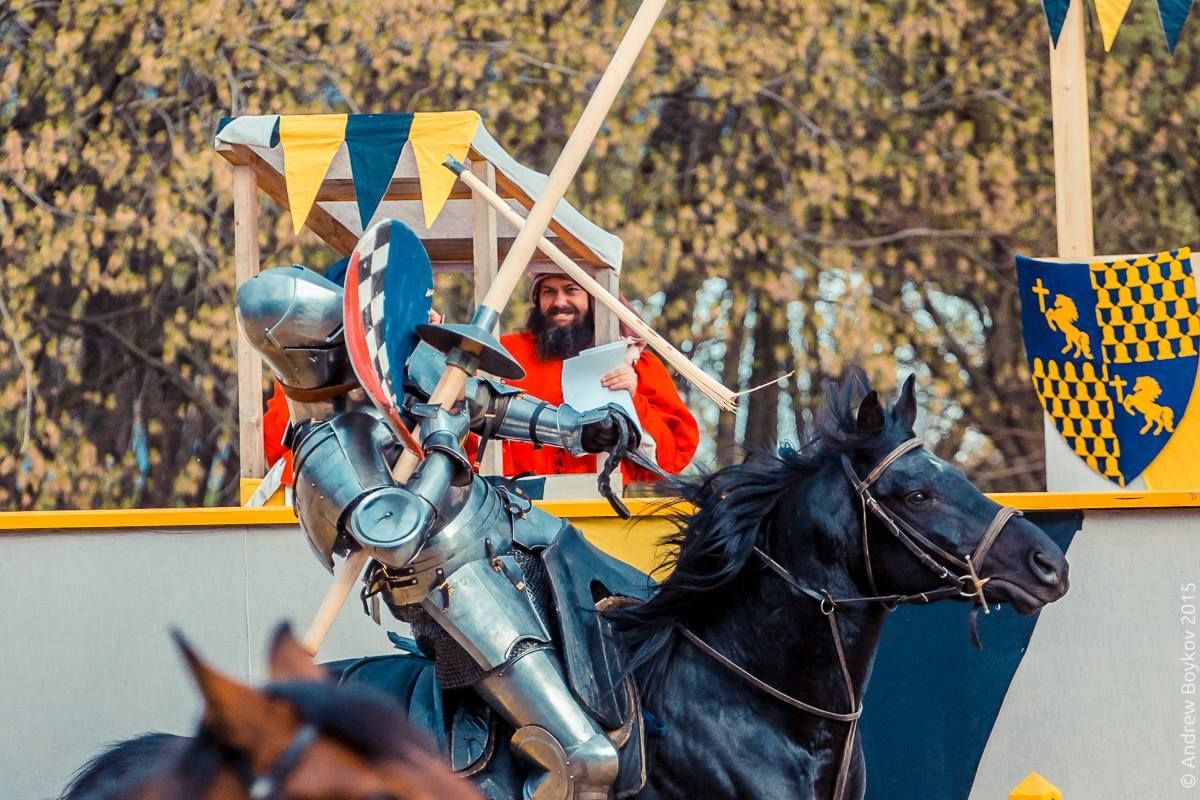 Ivar Mauritz-Hansen's ecranche is knocked up into his face during a jousting pass at the Tournament of St. George 2015, Moscow, Russia(photo by Andrew Boykov/Ratobor Show)