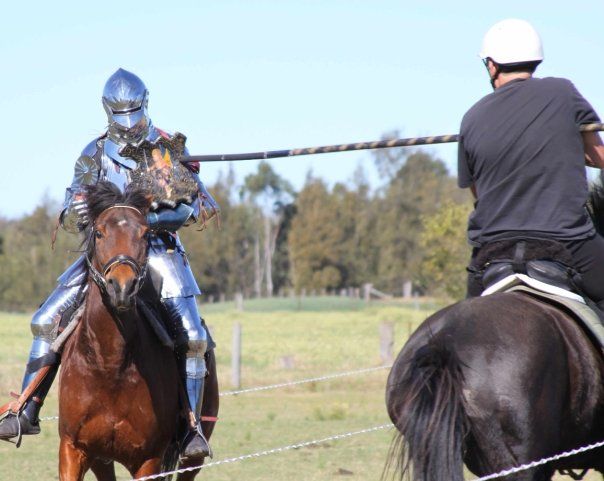 Andrew McKinnon(right) breaks his first lance against his instructor Rod Walker(left), Joust training, Father's Day 2009 (photo by Garry Davenport)