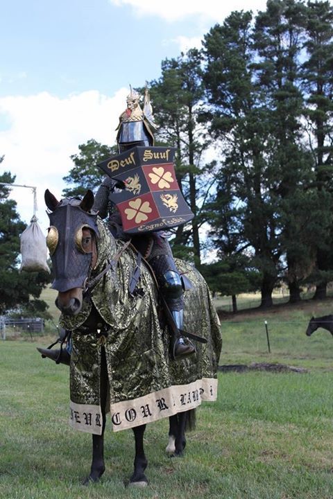 Rod Walker displays his new 14th century armour and accoutrements mounted (photos by Michelle Walker)
