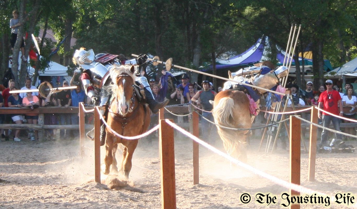 Charlie Andrews(left) and Eddie Rigney(right) unhorse each other during the Sherwood Forest Faire Jousting Tournament 2012 (photo by Zhi Zhu/The Jousting Life)