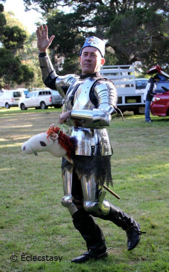Jouster Andrew McKinnon riding a stick horse (photo by Bronwyn Elliot)